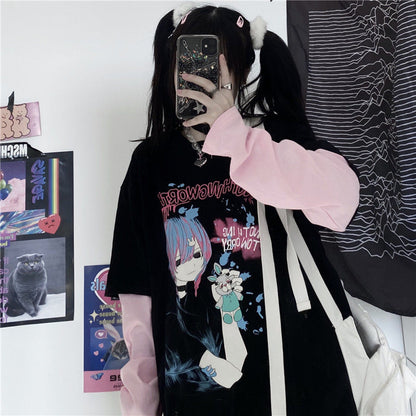Goth Anime Girl Cartoon Print Loose Casual Sweatshirt Sweater Long Sleeve Shirt Pullover Jumper E-Girl Kawaii Korean Japanese Harajuku Streetwear