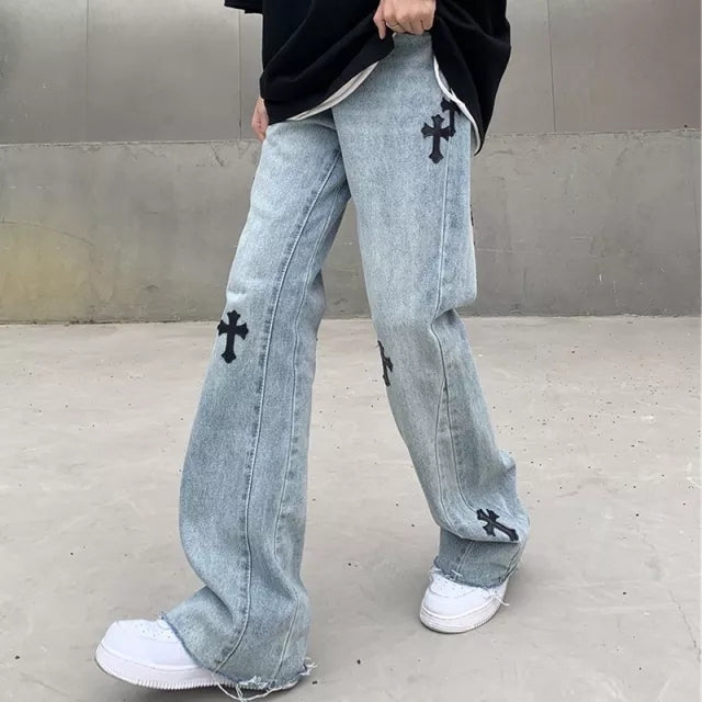 Cute Cross Jean High Waist Straight Baggy Pants Denim Trousers Summer Aesthetic Casual E-Girl Kawaii Korean Japanese Harajuku