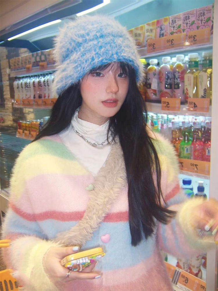 Fluffy Rainbow Stripe Cardigan