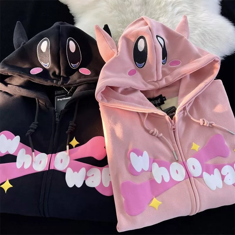 3D Pink Japanese Anime Print Long Sleeve Hoodie