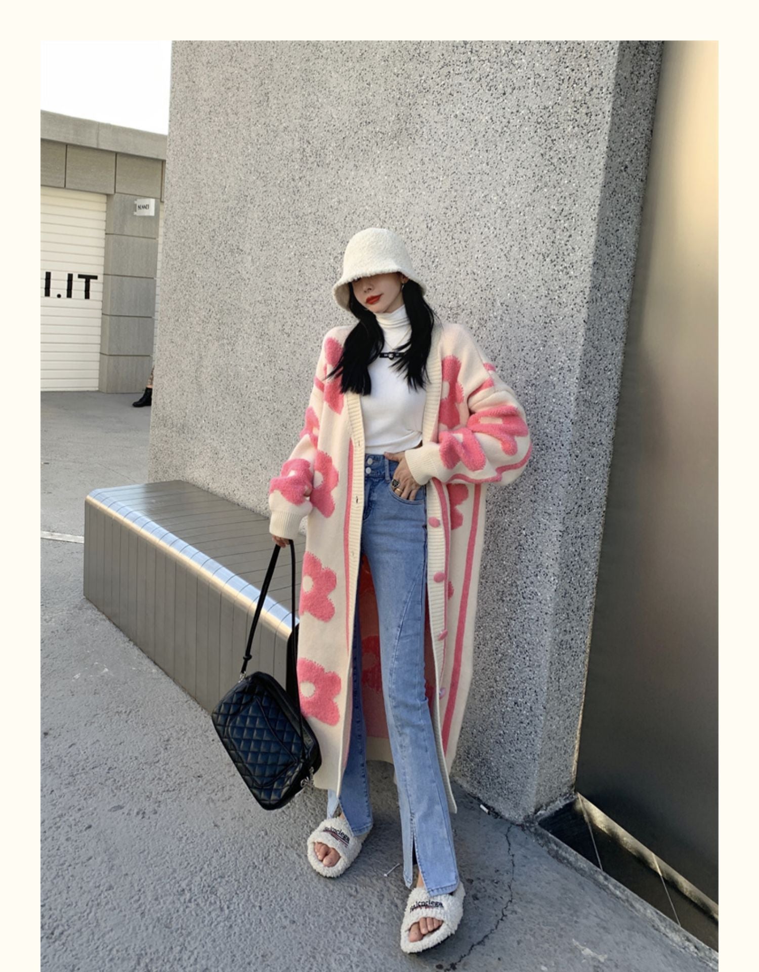 Pink Flower Oversized Knit Cardigan