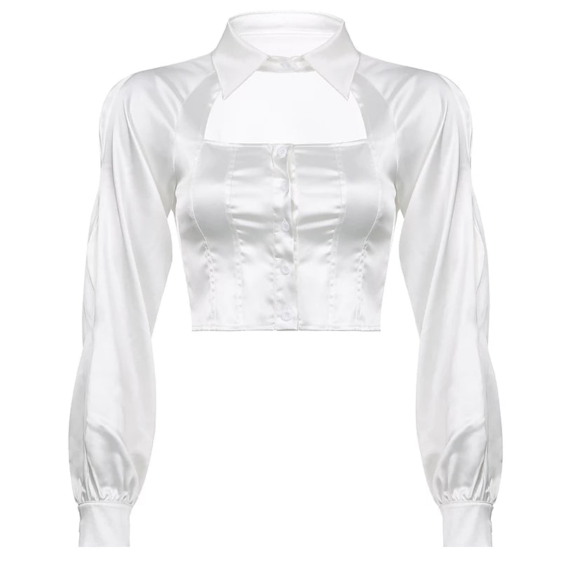 Cute White Silk Hollow Out Collar Cropped Top Long Sleeve Shirt Blouse Elegant Aesthetic Casual E-Girl Kawaii Korean Japanese Harajuku