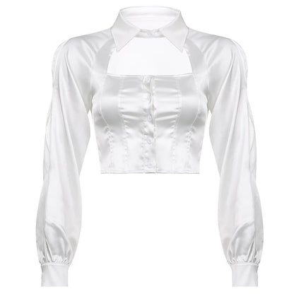 Cute White Silk Hollow Out Collar Cropped Top Long Sleeve Shirt Blouse Elegant Aesthetic Casual E-Girl Kawaii Korean Japanese Harajuku