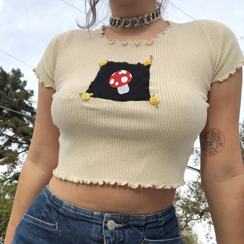Cute Brown Mushroom Print Short Sleeve Shirt Crop Top Frill Ruffles Punk Aesthetic Casual E-Girl Kawaii Korean Japanese Harajuku