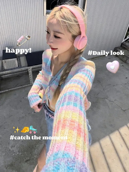 Rainbow Striped V Neck Cropped Cardigan