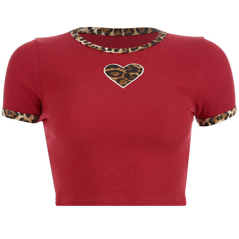 Cute Sexy Leopard Animal Print Heart Crop Top Short Sleeve Shirt Tee T-shirt E-Girl Kawaii Korean Japanese Harajuku Chinese Retro Streetwear Aesthetic