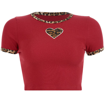 Cute Sexy Leopard Animal Print Heart Crop Top Short Sleeve Shirt Tee T-shirt E-Girl Kawaii Korean Japanese Harajuku Chinese Retro Streetwear Aesthetic