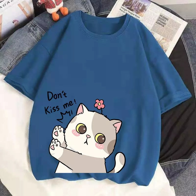 Cute Cat Kitten Don't Kiss Me Graphic Cartoon Print Loose Short Sleeve T-shirt Aesthetic Casual Summer E-Girl Kawaii Korean Japanese Harajuku