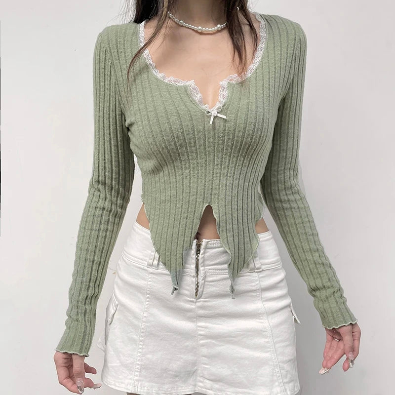 Green Lace Split Patchwork Long Sleeve T-shirt