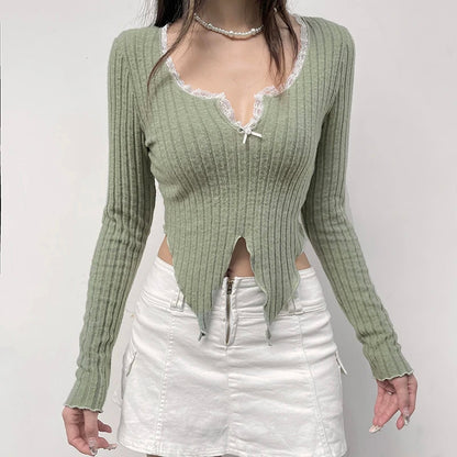 Green Lace Split Patchwork Long Sleeve T-shirt
