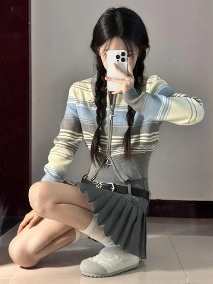 Striped Zipper Knit Cropped Jumper