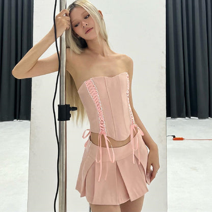 2PCS Pink Side Cross Strapless Top + Pleated Mini Skirt