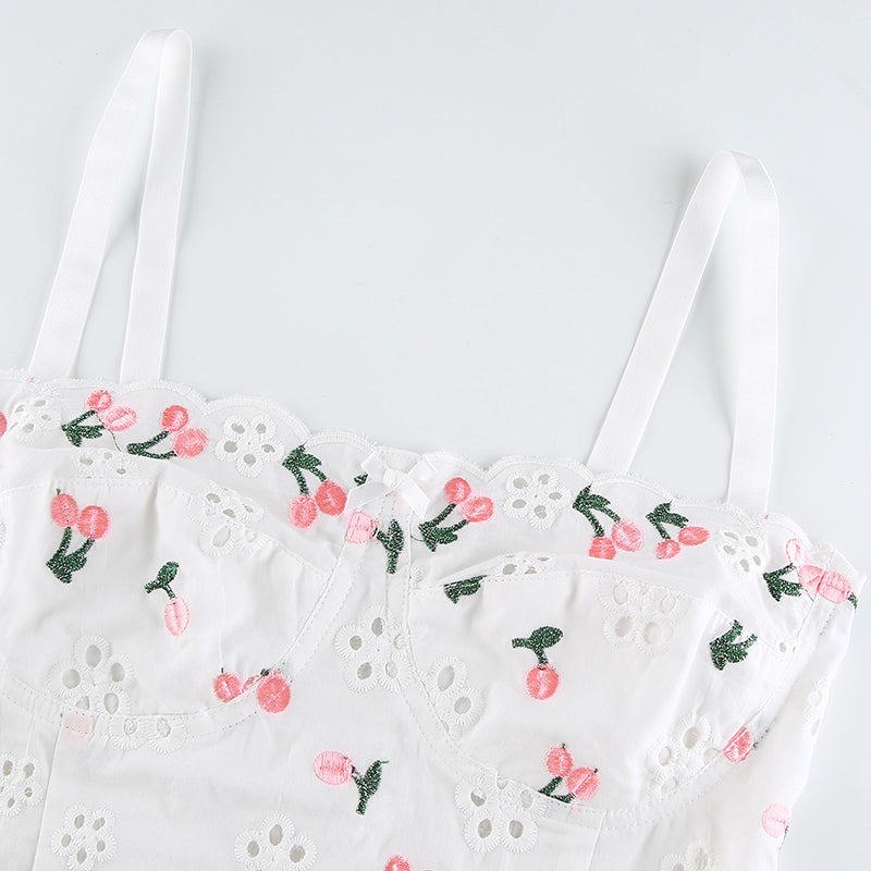 White Cherry Floral Embroidery Milkmaid Corset Top Summer Aesthetic Casual E-Girl Kawaii Korean Japanese Harajuku