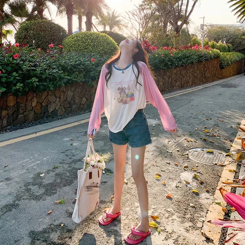 Pink Teddy Bear Patchwork Long Sleeve Shirt