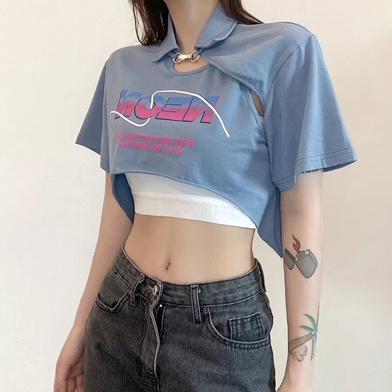Sweet Letter Print Irregular Short Sleeve T-shirt with Corset Aesthetic Casual E-Girl Kawaii Korean Japanese Harajuku