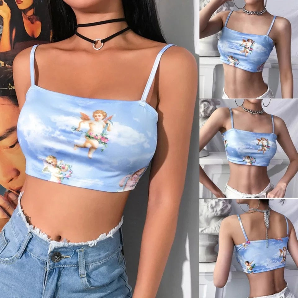 Cute Cupid Angel Love Print Crop Top Camisole Spaghetti Strap Tank Shirt Tee T-shirt E-Girl Kawaii Korean Japanese Harajuku Retro Streetwear Aesthetic
