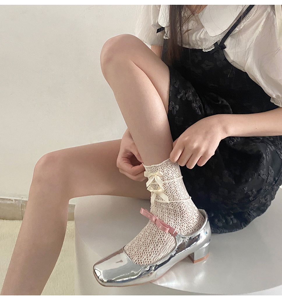 Hollow Out Lace Ruffle Bow Knit Socks