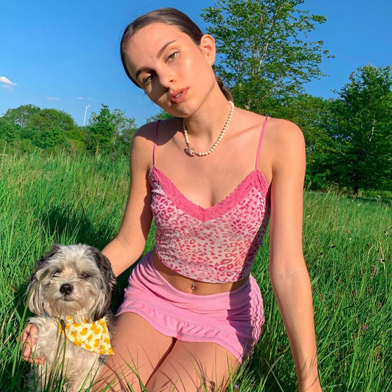 Cute Sexy Pink Patchwork Lace Leopard Party Club Crop Top Shirt Tee T-shirt E-Girl Kawaii Korean Japanese Harajuku Chinese Retro Streetwear Aesthetic