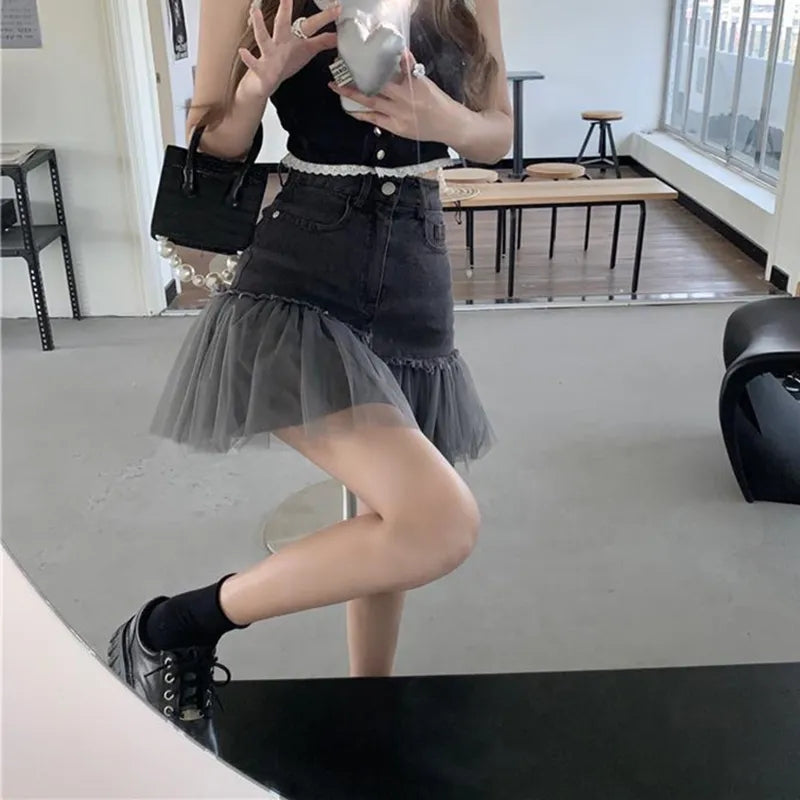Black Tulle Patchwork Denim Skirt