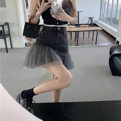 Black Tulle Patchwork Denim Skirt