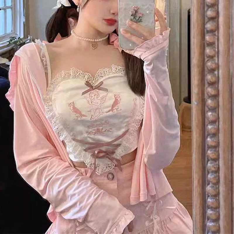 Cute Pink Lace Heart Frill Bustier Tank Crop Top Corset Summer Aesthetic Casual E-Girl Kawaii Korean Japanese Harajuku