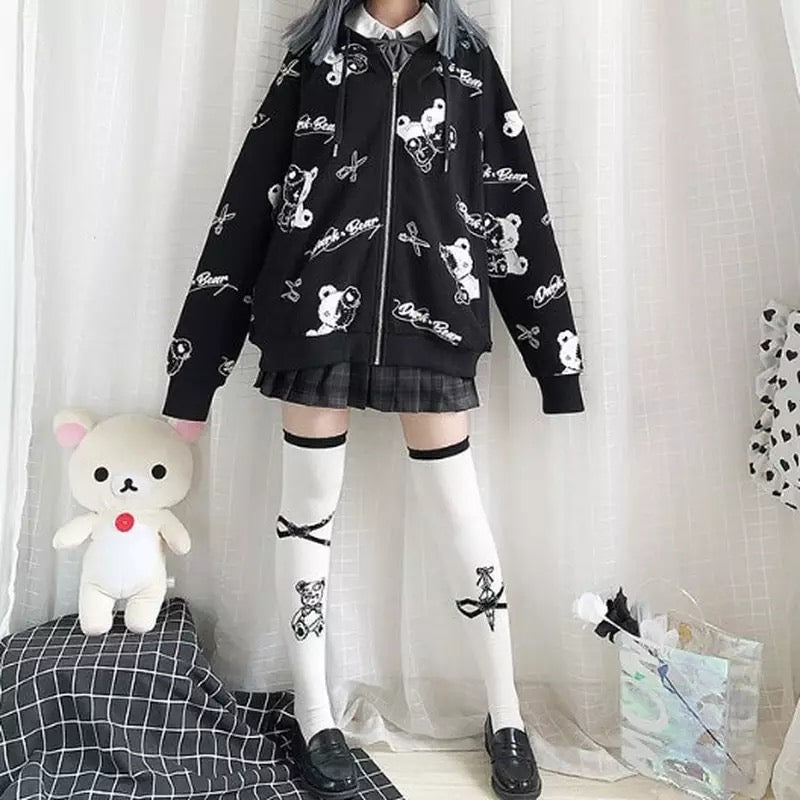 Teddy Bear Scissors Print Hoodie Zip Up Sweater Sweatshirt Long Sleeve Pullover Jumper Goth Punk E-Girl Kawaii Korean Japanese Harajuku Streetwear