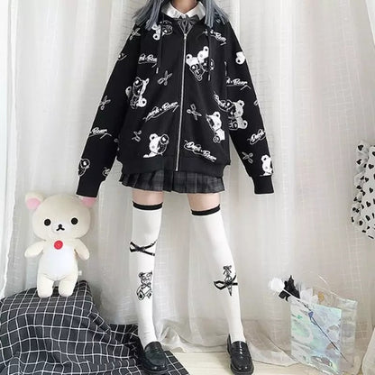 Teddy Bear Scissors Print Hoodie Zip Up Sweater Sweatshirt Long Sleeve Pullover Jumper Goth Punk E-Girl Kawaii Korean Japanese Harajuku Streetwear