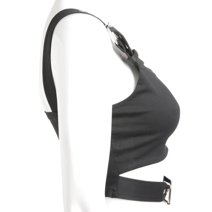 Cute Black Buckle Belt Tank Crop Top Sleeveless Shirt Camisole Bustier Corset Punk Goth Summer Aesthetic E-Girl Kawaii Korean Japanese Harajuku