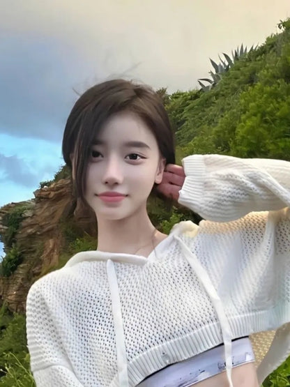 White Hollow Out Cropped Sweater