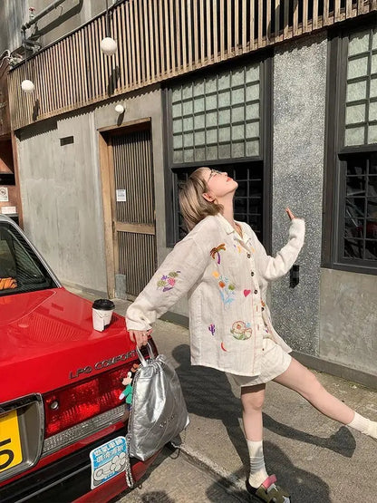 Sweet Embroidery Stripe Long Sleeve Blouse