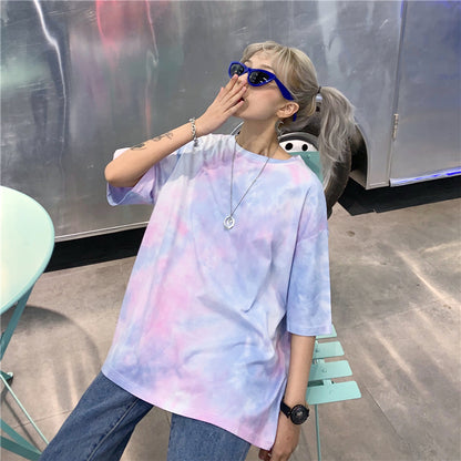 Cute Tie Dyed Hip Hop Casual Punk Goth Loose Oversized Short Sleeve Shirt Tee T-shirt E-Girl Kawaii Korean Japanese Harajuku Chinese Retro Streetwear