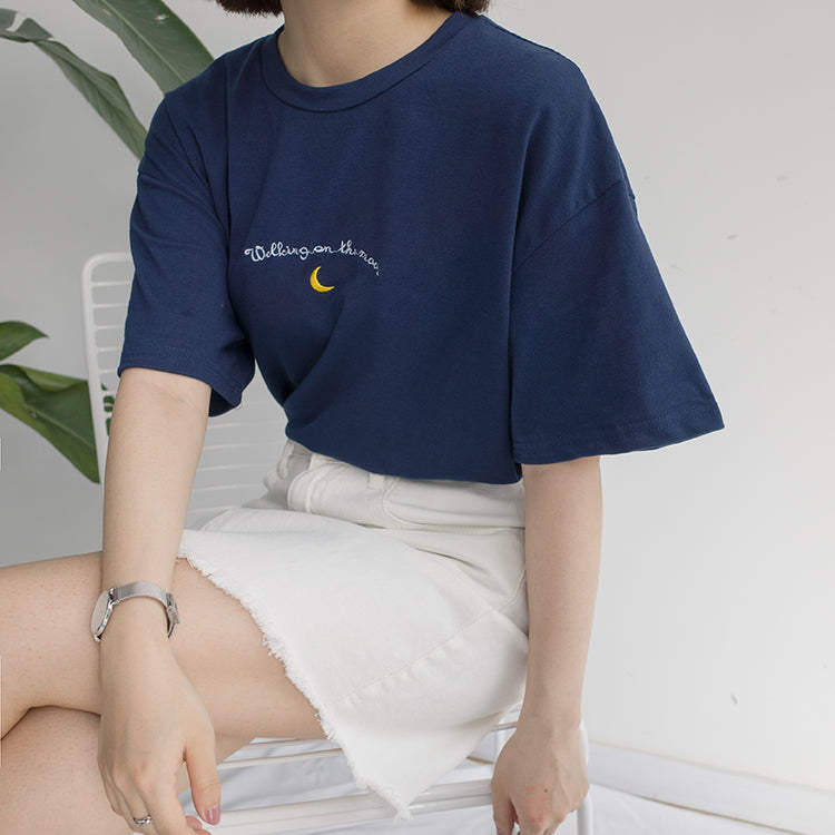 Cute Cresent Moon Sky Print Embroidery Shirt T-shirt Tee Top Kawaii Korean Japanese Harajuku Chinese Retro Streetwear Aesthetic Fashion