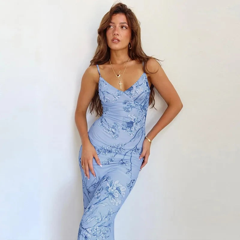 Blue Floral V Beach Maxi Dress