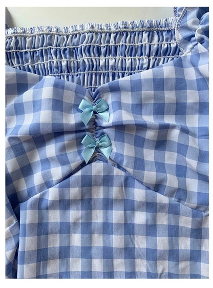 Cute Sexy Blue Plaid Print Bow Ribbon Collar Puff Short Sleeve Shirt Blouse Aesthetic Casual Summer E-Girl Kawaii Korean Japanese Harajuku