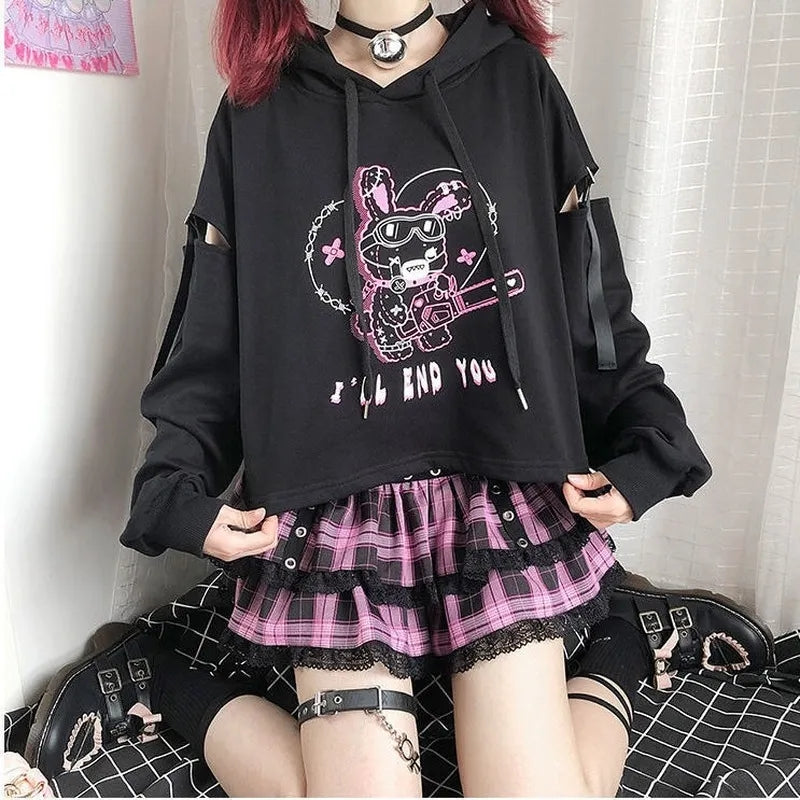 Rabbit Punk Print Hollow Out Hoodie
