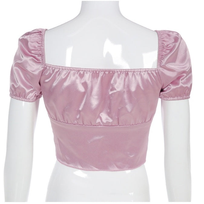 Cute Vintage Pink Silky Satin Short Sleeve Shirt Crop Top Lace Up Elegant Aesthetic Casual Summer E-Girl Kawaii Korean Japanese Harajuku
