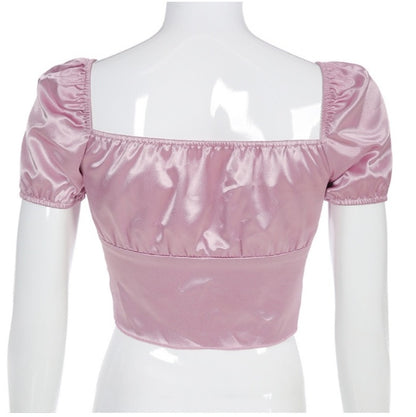 Cute Vintage Pink Silky Satin Short Sleeve Shirt Crop Top Lace Up Elegant Aesthetic Casual Summer E-Girl Kawaii Korean Japanese Harajuku