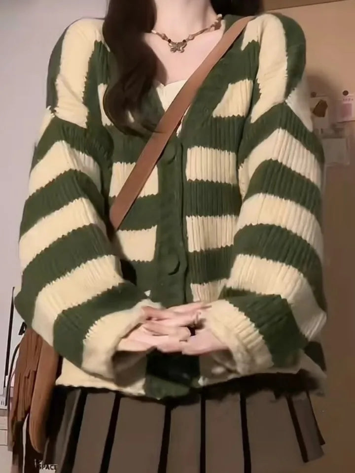 Green Stripe Loose Cardigan