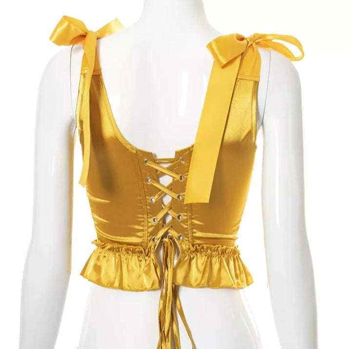 Cute Lace Ribbon Bow Tie Solid Square Collar Patchwork Sleeveless Corset Top Summer Aesthetic Casual E-Girl Kawaii Korean Japanese Harajuku