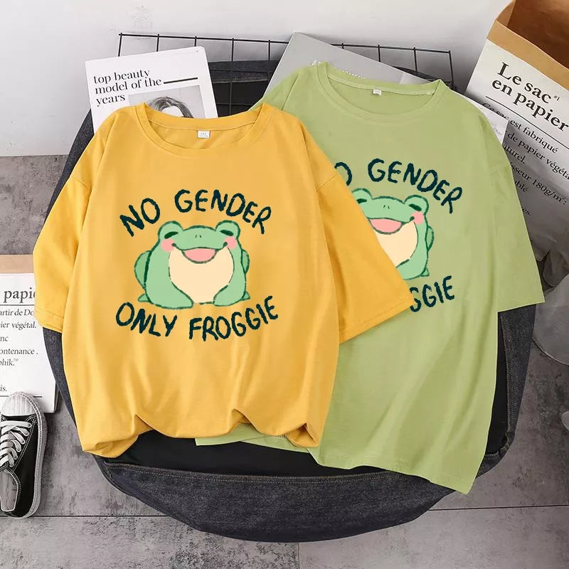 Cute Green Frog No Gender Funny Cartoon Print Short Sleeve T-shirt Oversize Loose Aesthetic Casual Summer E-Girl Kawaii Korean Japanese Haraju
