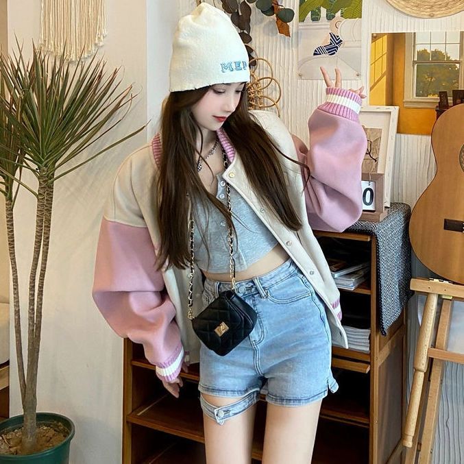 Pink Patchwork Oversized Varsity Jacket