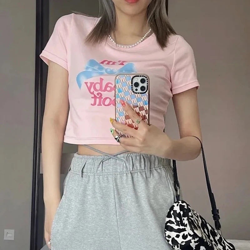 Pink Bow Print Crop Top