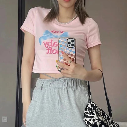 Pink Bow Print Crop Top