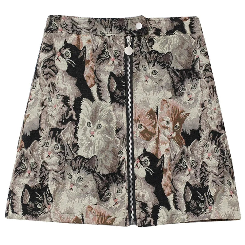 Vintage Cat Print Mini Skirt