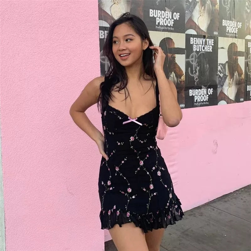 Cute Sweet Flower Mesh Embroidery V-neck Sling A-line Mini Dress Summer Aesthetic Casual E-Girl Kawaii Korean Japanese Harajuku