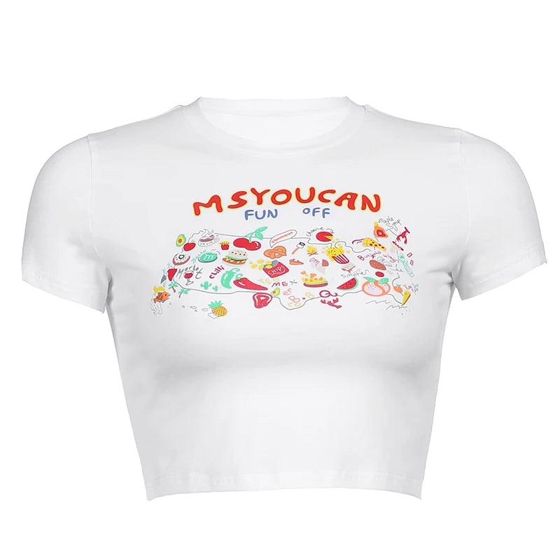 Cute Fruit Food Graphic Cartoon Short Sleeve Tee Crop Top Basic Casual Punk Summer E-Girl Kawaii Korean Japanese Harajuku Streetwear