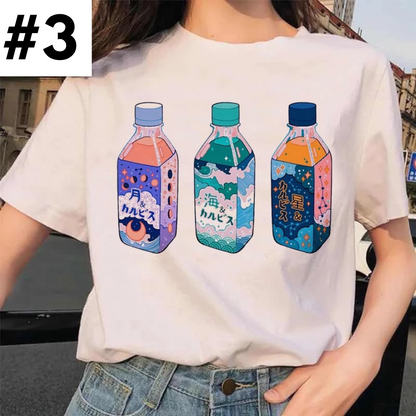Cute Moon Water Soda Drink Can Print Oversized Short Sleeve Shirt Aesthetic Casual E-Girl Kawaii Korean Japanese Harajuku