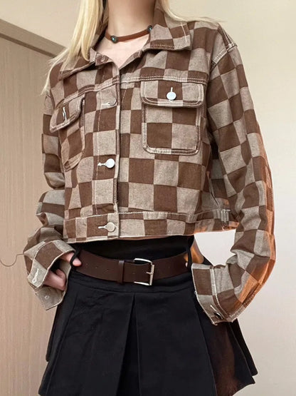 Brown Checkboard Cropped Denim Jacket