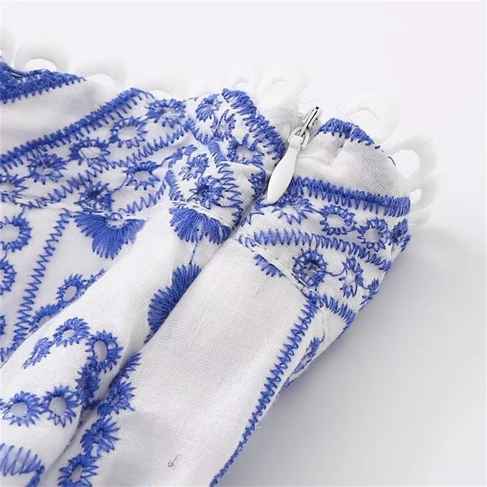 Blue Flower Embroidery Pleated Mini Skirt