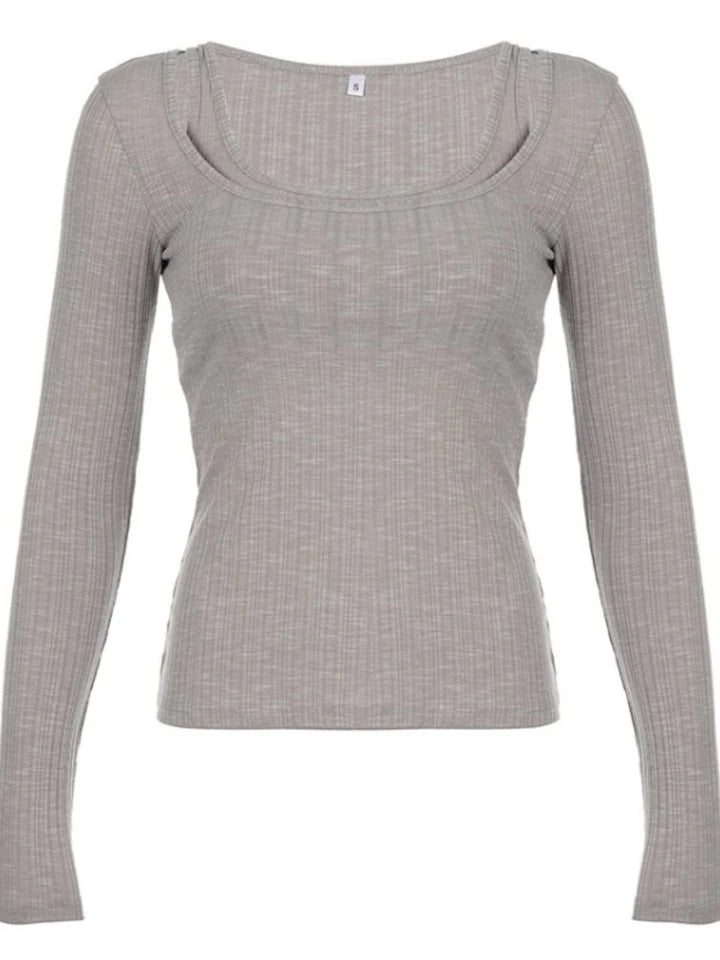 Grey Ribbed 2PCS Long Sleeve Shirt